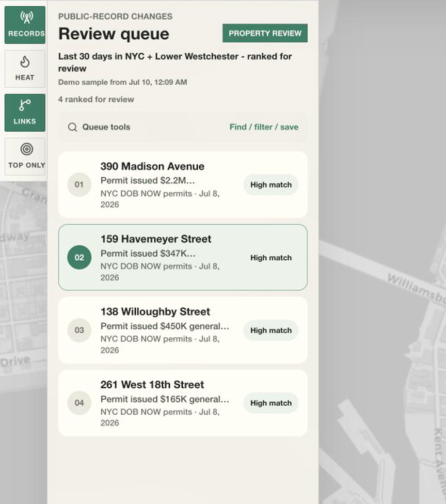 The Review queue in a product demo: four ranked property changes, with 159 Havemeyer Street selected.