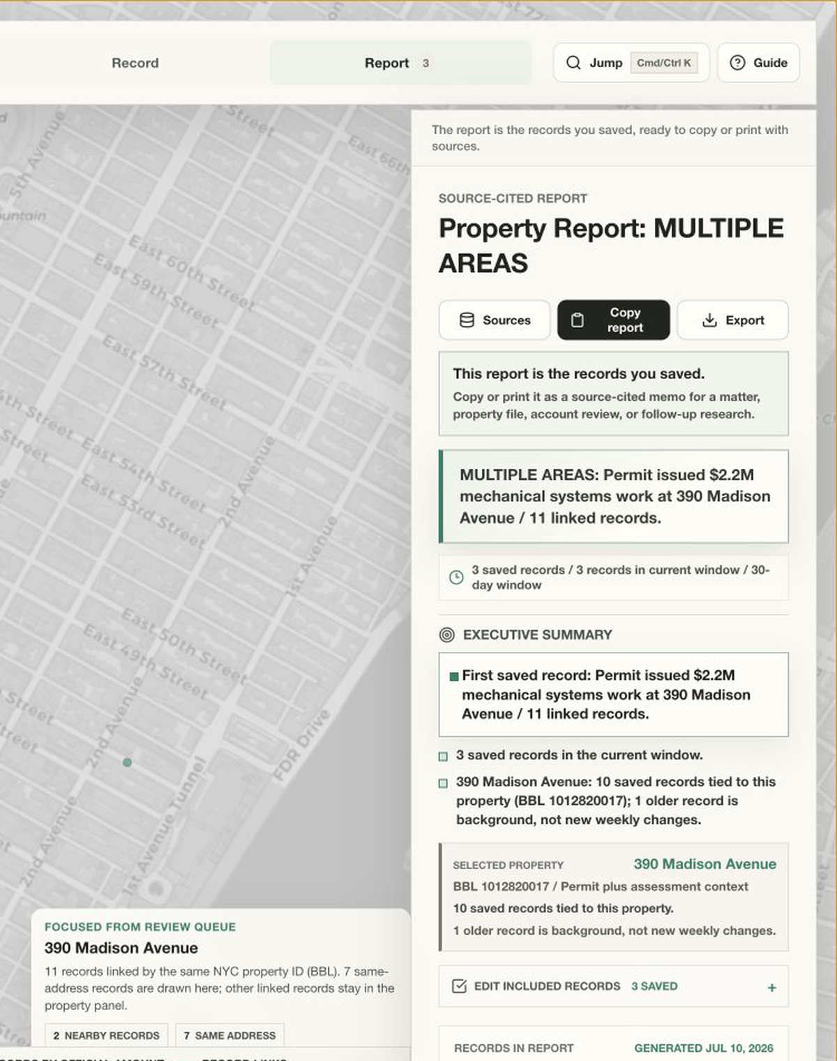 The PermitBeam Report in a product demo: three saved records, a multi-area summary, Sources, Copy report, and Export controls.